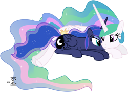 Size: 8810x6330 | Tagged: safe, artist:90sigma, princess celestia, princess luna, alicorn, pony, absurd resolution, cute, prone, simple background, snuggling, transparent background, vector