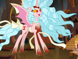 Size: 1410x1070 | Tagged: safe, edit, screencap, cozy glow, lord tirek, alicorn, demon, pony, the ending of the end, alicornified, cozycorn, cropped, giant demon alicorn cozy glow, giant pony, lair, macro, offscreen character, open mouth, pure concentrated unfiltered evil of the utmost potency, pure unfiltered evil, race swap, solo, water