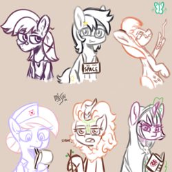 Size: 4000x4000 | Tagged: safe, artist:mjsw, autumn blaze, nurse redheart, star dancer, oc, oc:necropone, oc:thingpone, kirin, pony, female, magic, mare, mouth hold, simple background, sketch