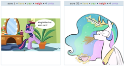 Size: 533x284 | Tagged: safe, princess celestia, twilight sparkle, alicorn, pony, exploitable meme, juxtaposition, juxtaposition win, spit take