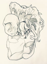 Size: 2131x2874 | Tagged: safe, artist:smirk, oc, oc only, oc:anon, oc:thingpone, alien, human, body horror, duo, eldritch abomination, monochrome, over shoulder, pencil drawing, traditional art