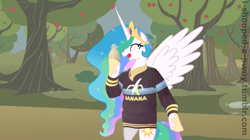 Size: 1280x719 | Tagged: safe, edit, editor:i-shooped-a-pwny, princess celestia, alicorn, pony, banana, bipedal, trollestia