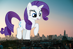 Size: 1280x854 | Tagged: safe, rarity, pony, chicago, city, female, giant pony, giantess, highrise ponies, illinois, irl, macro, mare, mega rarity, photo, ponies in real life, raised hoof