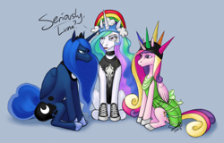 Size: 858x548 | Tagged: safe, artist:sedde, princess cadance, princess celestia, princess luna, alicorn, pony, alicorn triarchy, hat, monocle, serious hat, sillestia, silly