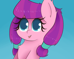 Size: 1280x1024 | Tagged: safe, artist:zlight, lily longsocks, earth pony, pony, blue background, bust, chest fluff, colored pupils, ear fluff, female, filly, gradient background, looking up, open mouth, portrait, simple background, smiling, solo, solo female