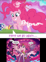 Size: 1485x1979 | Tagged: safe, edit, edited screencap, editor:leonidus, idw, screencap, applejack, fluttershy, pinkie pie, princess celestia, princess luna, rainbow dash, rarity, spike, twilight sparkle, twilight sparkle (alicorn), alicorn, earth pony, pegasus, pony, the last problem, spoiler:comic, spoiler:comic57, alicornified, chaos, chaos magic, chaos pinkie, cloud, comic, crazy face, crown, discord's dimension, evil grin, faic, female, giant pony, grin, grogar's bell, here we go again, jewelry, lightning, macro, magic, mane six, pinkiecorn, princess of chaos, race swap, regalia, screencap comic, smiling, speech bubble, text, xk-class end-of-the-world scenario