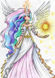 Size: 1112x1571 | Tagged: safe, artist:juaiasi, princess celestia, horned humanization, humanized, magic, skinny, sun, traditional art, winged humanization