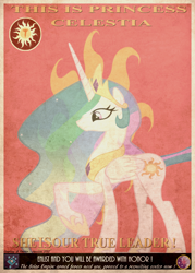 Size: 2580x3608 | Tagged: safe, artist:fraztov, princess celestia, alicorn, pony, female, horn, mare, multicolored mane, propaganda, solo, white coat