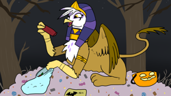 Size: 3200x1800 | Tagged: safe, artist:pony quarantine, gilda, griffon, sphinx, candy, candy pile, clothes, costume, derp, food, happy, headress, majestic, nightmare night, prone, pumpkin bucket, tree