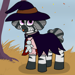 Size: 1800x1800 | Tagged: safe, artist:pony quarantine, oc, oc only, oc:munyu, zebra, autumn, cloak, clothes, hat, pleb, simple background, tongue out, tree, voodoo doll, witch, witch hat, zebra oc