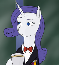 Size: 1085x1200 | Tagged: safe, artist:pony quarantine, rarity, pony, unicorn, bowtie, clothes, food, jacket, reaction image, redraw, school uniform, simple background, super-god masterforce, tea, window