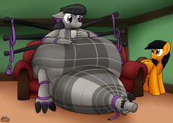 Size: 2499x1777 | Tagged: safe, artist:the-furry-railfan, octavia melody, oc, oc:twintails, dragon, original species, pegasus, bagpipe dragon, bagpipes, belly, dragonified, food, impossibly large belly, indoors, inflation, mug, musical instrument, sitting, sofa, species swap, squishy, story included, tartan, tea, transformation