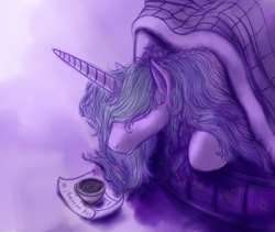 Size: 900x759 | Tagged: safe, artist:grayma1k, princess celestia, alicorn, pony, bed, bed mane, blanket, coffee, eyes closed, letter, messy mane, morning ponies, note, solo, waking up