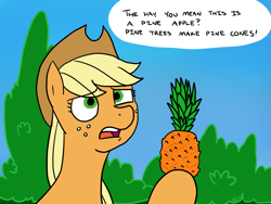 Size: 1600x1200 | Tagged: safe, artist:pony quarantine, applejack, earth pony, pony, dialogue, food, pineapple, pineapplejack, solo