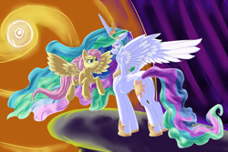 Size: 1620x1080 | Tagged: safe, artist:registered111, fluttershy, princess celestia, alicorn, pegasus, pony, stare, sun