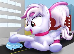 Size: 2778x2043 | Tagged: safe, artist:bladedragoon7575, oc, oc:windbreaker, inflatable pony, pegasus, pony, balloon, balloon pony, car, city, commission, female, giant pony, high res, macro, mare, open mouth, solo, squeak, vehicle