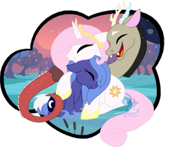 Size: 965x827 | Tagged: dead source, safe, artist:hydroblaze, artist:probablyfakeblonde, discord, princess celestia, princess luna, alicorn, pony, colored, hug, trio, younger