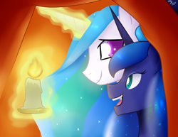 Size: 900x695 | Tagged: safe, artist:mylittlesheepy, princess celestia, princess luna, alicorn, pony, candle, tent