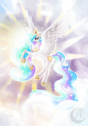 Size: 990x1408 | Tagged: safe, artist:anzhelee, princess celestia, alicorn, pony, crown, female, horn, mare, solo