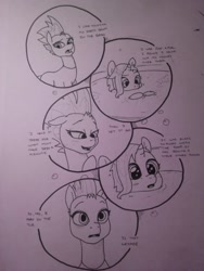 Size: 600x800 | Tagged: safe, artist:pony quarantine, fizzlepop berrytwist, tempest shadow, pony, unicorn, my little pony: the movie, bath, bubble, comic, drawthread, fart, female, filly, mare, monochrome, solo, traditional art