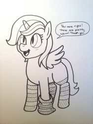 Size: 600x800 | Tagged: safe, artist:pony quarantine, oc, oc only, oc:nyx, alicorn, clothes, dialogue, drawthread, monochrome, simple background, socks, solo, striped socks, traditional art, white background