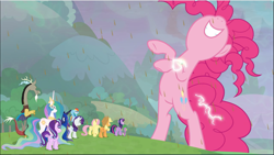 Size: 1669x943 | Tagged: safe, screencap, applejack, discord, fluttershy, pinkie pie, princess celestia, princess luna, rainbow dash, rarity, starlight glimmer, twilight sparkle, twilight sparkle (alicorn), alicorn, draconequus, earth pony, pegasus, pony, unicorn, the ending of the end, bipedal, chaos pinkie, chocolate, chocolate rain, cropped, female, food, giant pony, jewelry, macro, male, mane six, mare, nose in the air, peytral, rain, regalia, royal sisters, size difference, smiling