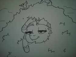 Size: 2576x1932 | Tagged: safe, artist:pony quarantine, tree hugger, earth pony, pony, bush, lidded eyes, smiling, solo, traditional art