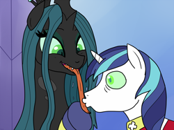 Size: 1200x900 | Tagged: safe, artist:pony quarantine, queen chrysalis, shining armor, changeling, changeling queen, pony, unicorn, drawthread, eyelashes, eyeshadow, female, hypnosis, hypnotized, infidelity, kissing, long tongue, makeup, male, shining chrysalis, shipping, stallion, straight, tongue out