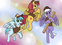 Size: 1280x931 | Tagged: safe, artist:pony quarantine, appointed rounds, rainy day, sunny delivery, pegasus, pony, clothes, female, flying, hairband, hat, hoof hold, looking at you, looking back, mailmare, mailmare hat, mare, open mouth, package, sky, smiling, spread wings, trio, underhoof, uniform, wings