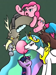 Size: 1800x2412 | Tagged: safe, artist:xilefti, derpy hooves, discord, pinkie pie, princess celestia, twilight sparkle, alicorn, pegasus, pony, bubblegum, celestia is not amused, female, mare