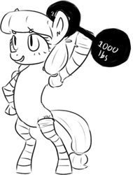 Size: 761x1002 | Tagged: safe, artist:tempusfidgets, lily longsocks, earth pony, pony, barbell, clothes, female, filly, long socks, monochrome, simple background, socks, solo, stockings, striped socks, stronk, thigh highs