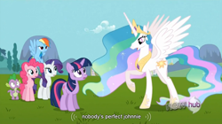 Size: 852x478 | Tagged: safe, screencap, pinkie pie, princess celestia, rainbow dash, rarity, spike, twilight sparkle, alicorn, dragon, earth pony, pegasus, pony, unicorn, keep calm and flutter on, alzheimer's, hub logo, twilight alias, youtube caption