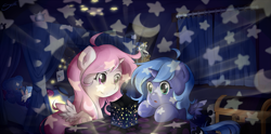 Size: 1329x660 | Tagged: safe, artist:secret-pony, princess celestia, princess luna, star swirl the bearded, alicorn, pony, bedroom, cewestia, filly, indoors, lights, looking at something, my god its full of stars, night, nightlight, woona