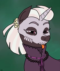 Size: 1528x1800 | Tagged: safe, artist:pony quarantine, zesty gourmand, pony, unicorn, alternate costumes, alternate hairstyle, female, jewelry, makeup, mare, necklace, simple background, skull, solo, squint, tongue out