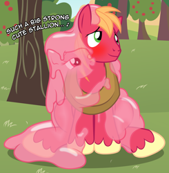 Size: 2306x2355 | Tagged: safe, artist:badumsquish, derpibooru exclusive, big macintosh, oc, oc:quiddity, goo, goo pony, original species, bashful, bedroom eyes, blushing, canon x oc, dialogue, female, flirting, hug, looking away, male, shipping, sitting, story included, straight