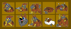 Size: 2909x1225 | Tagged: safe, artist:stupidshepherd, oc, oc only, oc:peregrine, griffon, :p, aiming, angry, annoyed, behaving like a bird, behaving like a cat, birb, blushing, blushing profusely, catbird, derp, disembodied hand, drool, embarrassed, gold, griffon oc, gun, hand, handgun, holding, in goliath's palm, leonine tail, majestic as fuck, male, micro, open beak, pose, revolver, rock, shocked expression, sleeping, solo, sticker set, suprised look, tail in mouth, talons, telegram sticker, tongue out, weapon