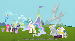 Size: 767x422 | Tagged: safe, screencap, discord, pinkie pie, princess celestia, rainbow dash, rarity, spike, twilight sparkle, alicorn, dragon, earth pony, pegasus, pony, unicorn, keep calm and flutter on, hub logo, royal guard, statue, youtube caption