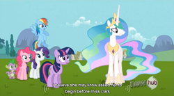 Size: 765x423 | Tagged: safe, screencap, pinkie pie, princess celestia, rainbow dash, rarity, spike, twilight sparkle, alicorn, dragon, earth pony, pegasus, pony, unicorn, keep calm and flutter on, youtube caption