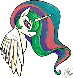 Size: 1141x1211 | Tagged: safe, artist:obligatorilyoptional, princess celestia, alicorn, pony, female, horn, mare, multicolored mane, solo, traditional art, white coat