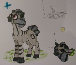 Size: 2414x2072 | Tagged: safe, artist:pony quarantine, oc, oc:munyu, butterfly, zebra, eyes closed, female, missing accessory, quadrupedal, simple background, traditional art, white background, zebra oc