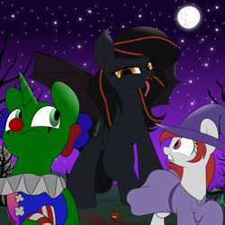 Size: 3000x3000 | Tagged: safe, artist:acersiii, artist:shelikof launch, derpibooru exclusive, oc, oc only, oc:christian clefnote, oc:luminous siren, oc:seraphine night, alicorn, bat pony, earth pony, pony, unicorn, clothes, clown, costume, giant pony, hat, imminent vore, macro, night, size difference, wingless, witch hat