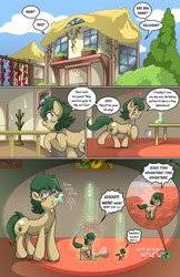 Size: 1375x2125 | Tagged: safe, artist:willdabeard, oc, oc:nutmeg, earth pony, comic:nutmeg's tiny adventure, bouncing, cloud, comic, cutie mark, drinking, excited, exterior, food, garden, happy, house, interior, micro, potion, railing, sequence, shrink, shrinking, shrinking potion, shrunk, sky, tomato, tree, word balloon