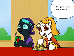 Size: 999x750 | Tagged: safe, artist:pony quarantine, edit, oc, oc:dyx, oc:nyx, alicorn, pony, bad joke, clothes, counter, duo, dyx upsetting nyx, edgy, exploitable meme, female, filly, food, french fries, headband, juice, juice box, meme, n word, this will end in racism, uncomfortable