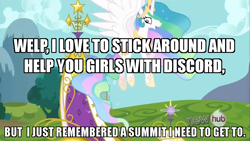 Size: 854x480 | Tagged: safe, princess celestia, alicorn, pony, keep calm and flutter on, caption, female, horn, hub logo, mare, multicolored mane, solo, white coat