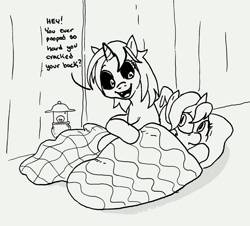 Size: 997x900 | Tagged: safe, artist:pony quarantine, oc, oc only, oc:dyx, oc:nyx, alicorn, pony, alicorn oc, camping, lantern, lineart, monochrome, sleeping bag, speech