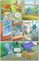 Size: 1024x1583 | Tagged: safe, artist:willdabeard, oc, oc:flurry, oc:misty, oc:nutmeg's parents, breezie, comic:misty's mis-adventure, blue coat, blue mane, blueberry, cheering, comic, food, food cart, fruit, glasses, licking, licking lips, littlepartycomics, micro, newspaper, orange mane, sneaking, tongue out, word balloon, yellow coat