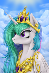 Size: 900x1350 | Tagged: safe, artist:1jaz, princess celestia, alicorn, pony, bust, cloud, female, jewelry, mare, peytral, portrait, regalia, smiling, solo