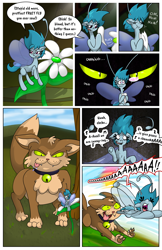 Size: 968x1496 | Tagged: safe, artist:willdabeard, oc, oc:flurry, oc:misty, breezie, cat, comic:misty's mis-adventure, bell, blue coat, blue mane, chase, collar, comic, eating, fleeing, flower, frightened, gulp, licking, licking lips, littlepartycomics, micro, nervous, screaming, tongue out, word balloon