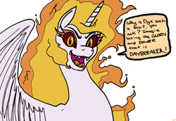 Size: 1310x900 | Tagged: safe, artist:pony quarantine, daybreaker, oc, oc:dyx, alicorn, alternate hairstyle, colored, female, mare, simple background, solo, speech bubble, text