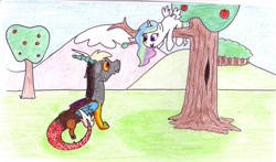 Size: 2224x1312 | Tagged: safe, artist:astrera, discord, princess celestia, alicorn, pony, dislestia, female, filly, male, shipping, straight, traditional art, younger